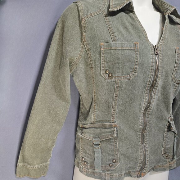 Y2K Fitted Denim Utility Jacket Size XXL Green Full Zip Flap Pockets Grunge - Picture 8 of 16